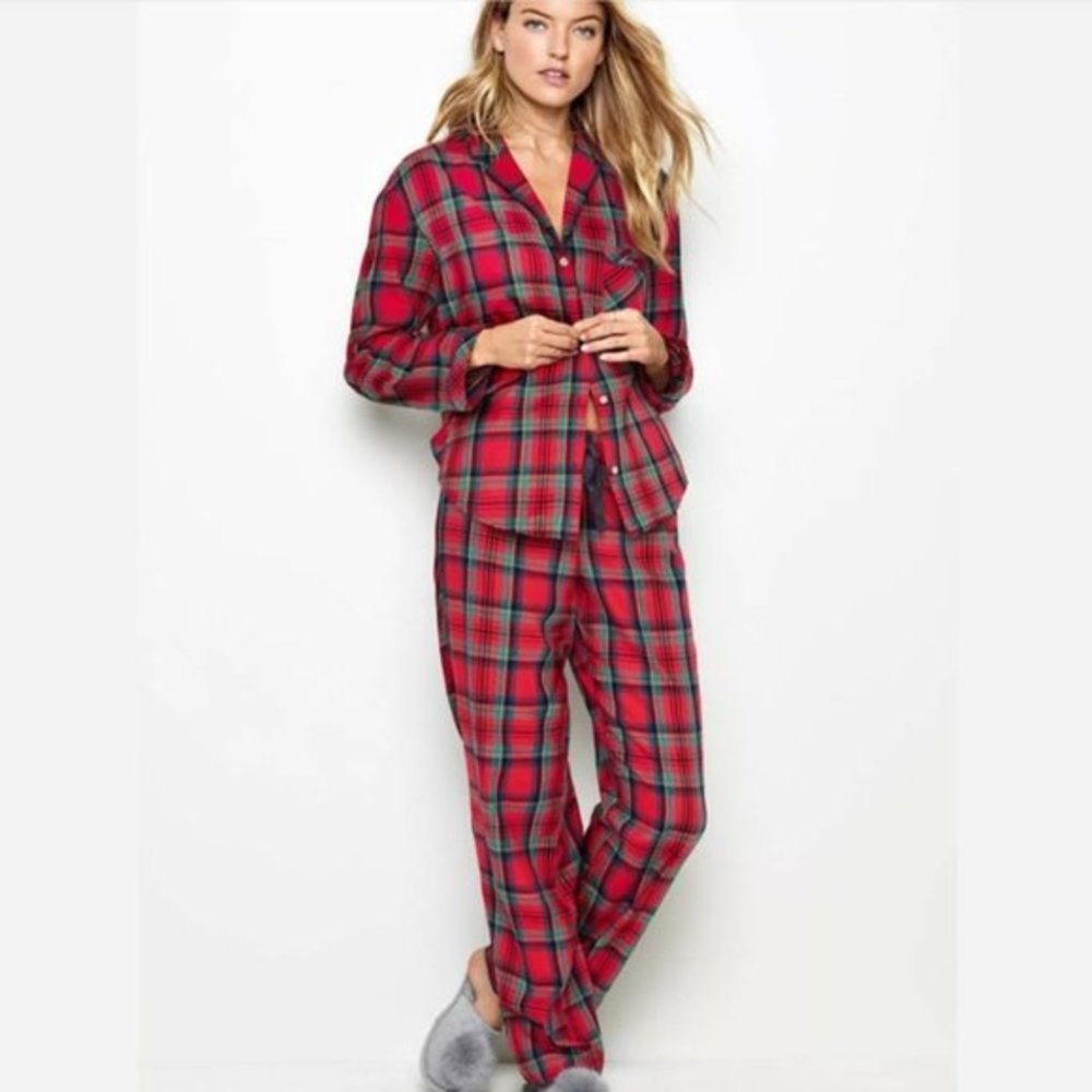 Victoria's Secret XS Red Green Dream Plaid Flannel Cotton Modal 2 PC‎ Pajama Set